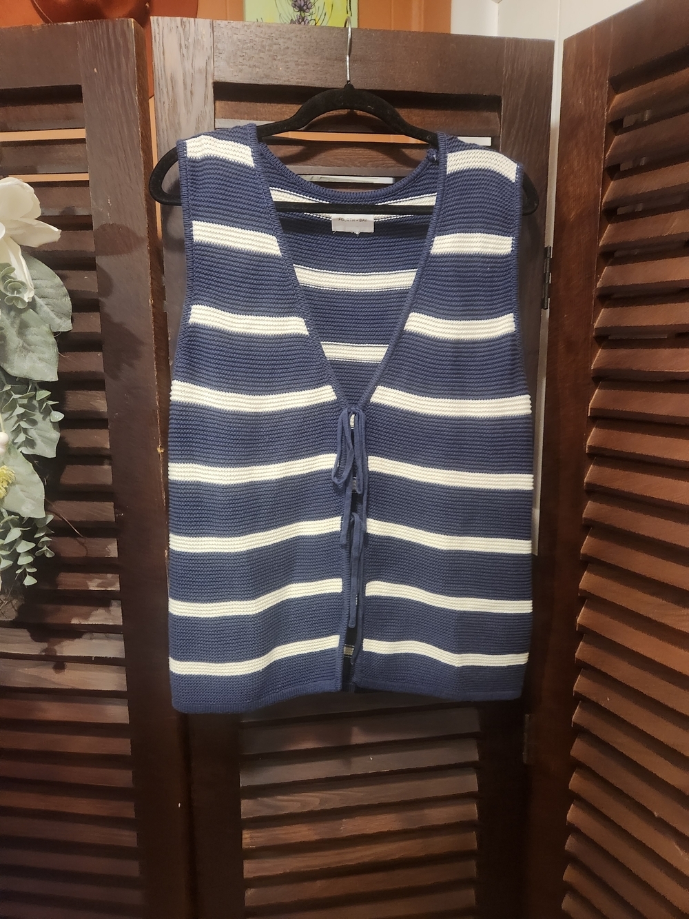 Sleeveless Navy and White Striped Knit Vest with Front Tie